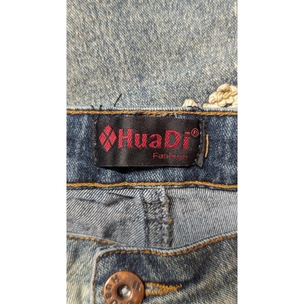 Huadi Flare Denim Jeans Acid Wash Lace Trim Floral Inset Bell Bottom Y2K 4 - Picture 4 of 5